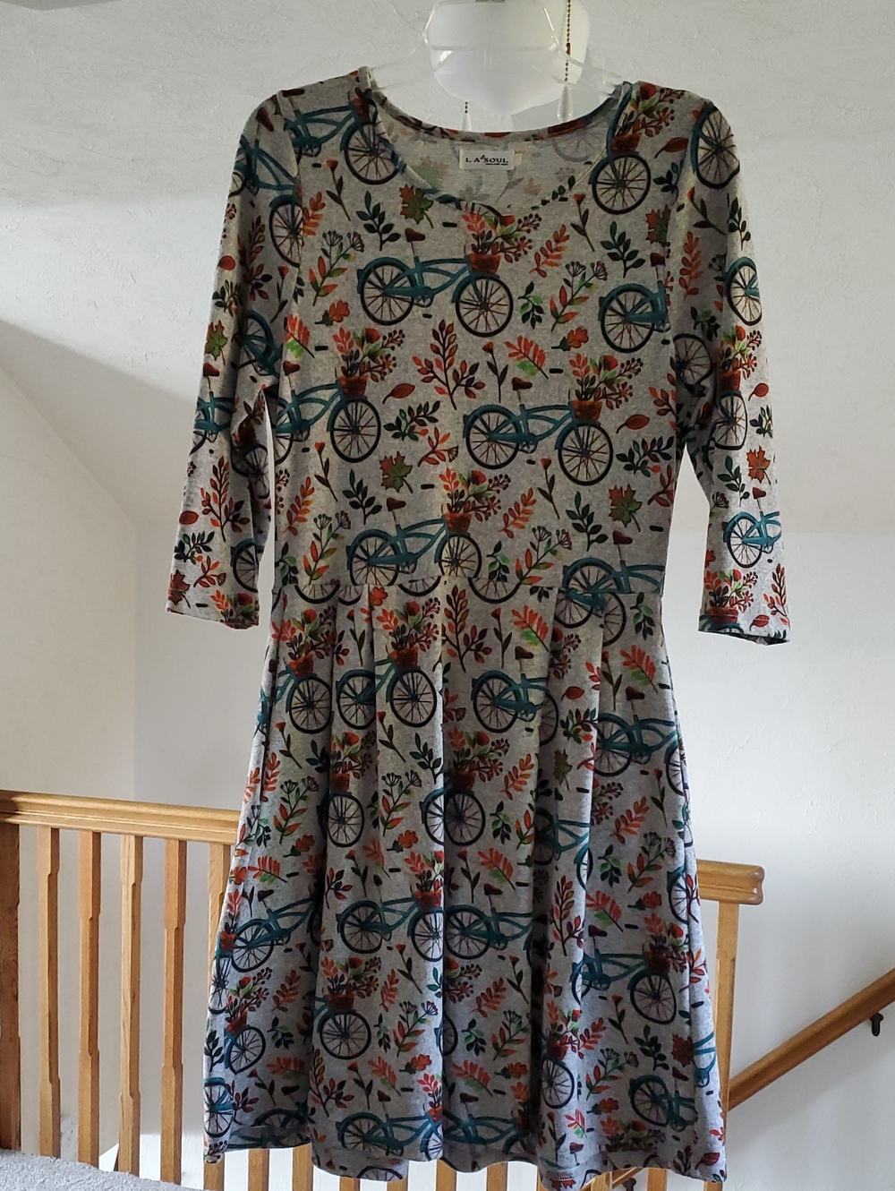 L.A SOUL Grey Bicycle-Print Fit & Flare Dress with Teal Accents